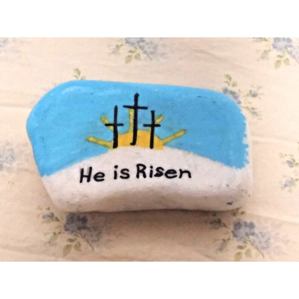 Marble Alabaster handpainted rock Easter Resurrection religious  4"x 2.5" OOAK